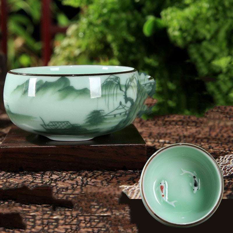 Celadon Hand-painted Ceramic Teacup Kung Fu Tea Set Carp Creative - Minihomy