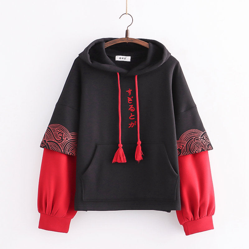 Embroidered Sleeves Wave Print Contrast Color And Velvet Padded Pullover Sweater Women - Minihomy