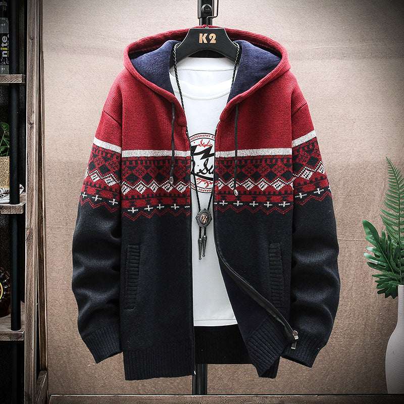 Hooded Cardigan Knitted Thick Plus Fleece Sweater Men - Minihomy