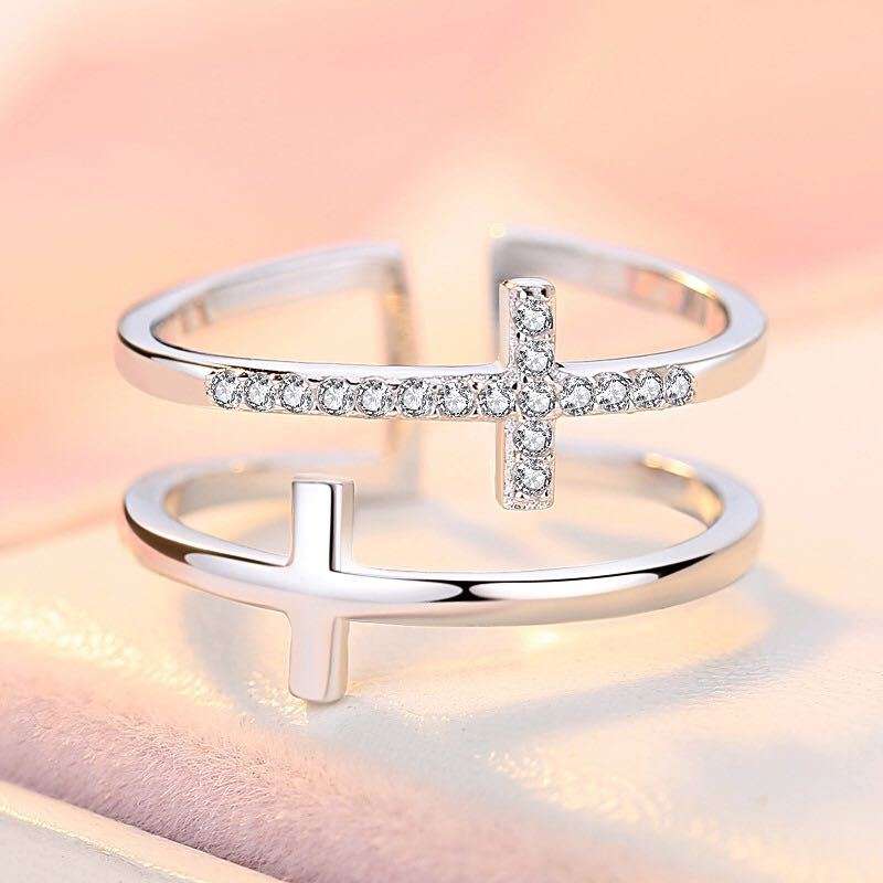 Double Cross Miniature Copper Inlaid Zircon Ring - Minihomy