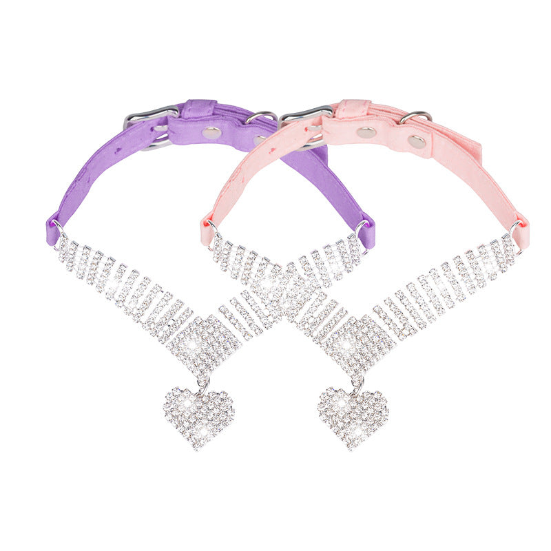 Shiny Rhinestone Pet Suede Soft Love Love Diamond Cat Collar - Minihomy