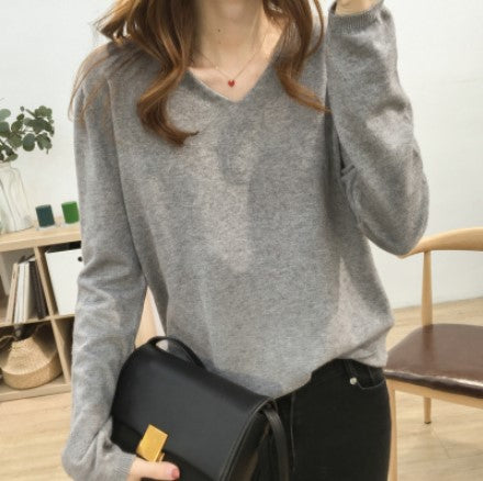 Loose Slimming V-neck Solid Color Long-sleeved Sweater - Minihomy