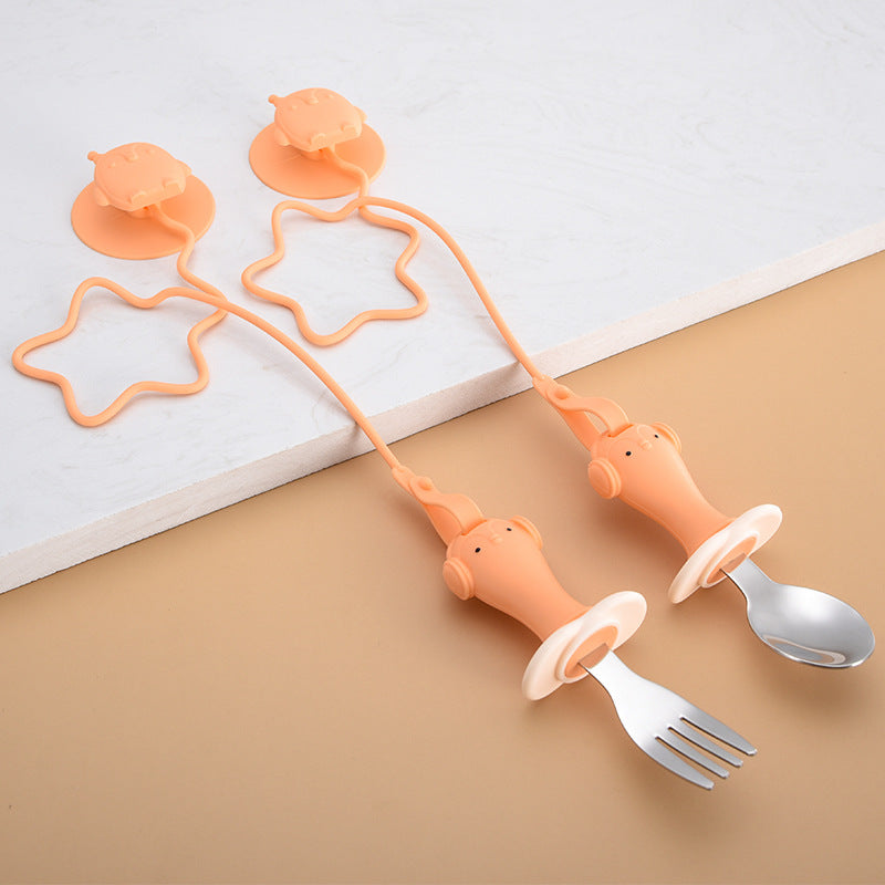 Infant Stainless Steel Training Spoon Fork Silicone Anti-drop for Children's - Minihomy