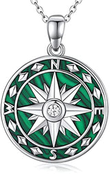 Compass Necklace for Women Sterling Silver Malachite Abalone Shell Pendant Jewelry Graduation Gift for Men Teens - Minihomy