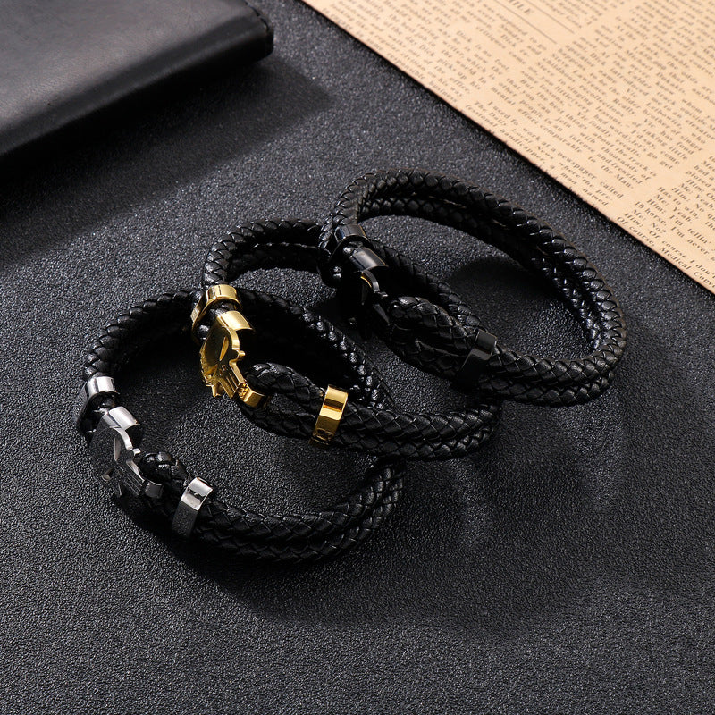 Double Layer Leather Stainless Steel Skull Bracelet - Minihomy