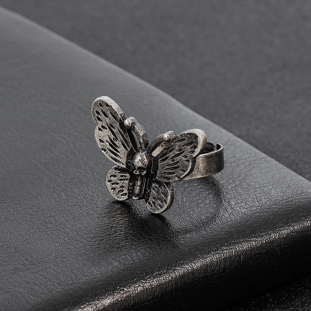 Vintage Punk Butterfly Skull Ring Open Adjustable Strange Ghost Gothic Insect Ring For Women