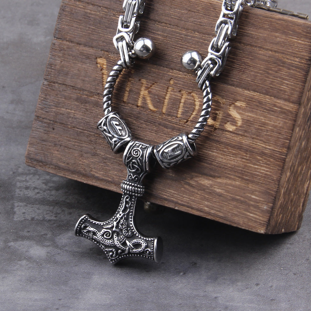 Stainless Steel king chain with rune beads and thor, hammer viking necklace  with wooden box as boyfriend gift