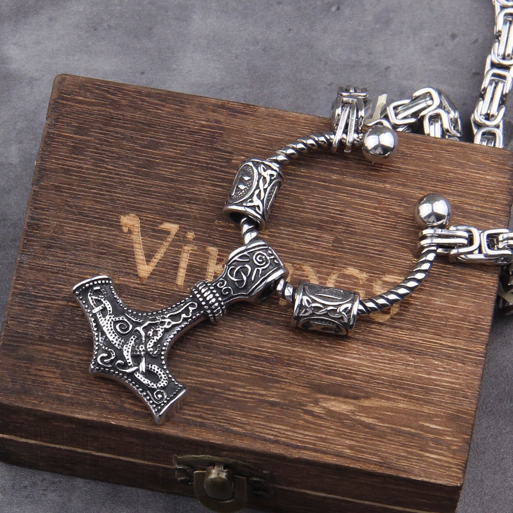 Stainless Steel king chain with rune beads and thor, hammer viking necklace  with wooden box as boyfriend gift