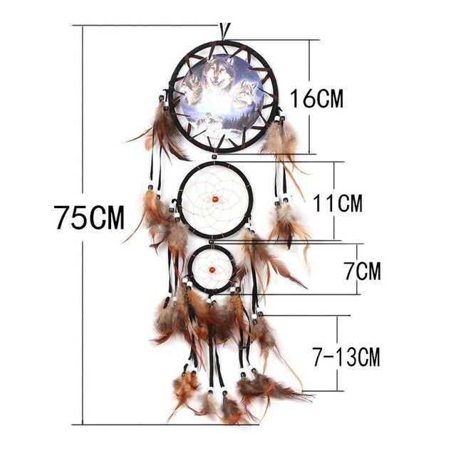 Handmade Feather Dream Catcher Brown Wolf Pattern Wind Chimes For Wall Hanging Ornments Car Home Decoration - Minihomy