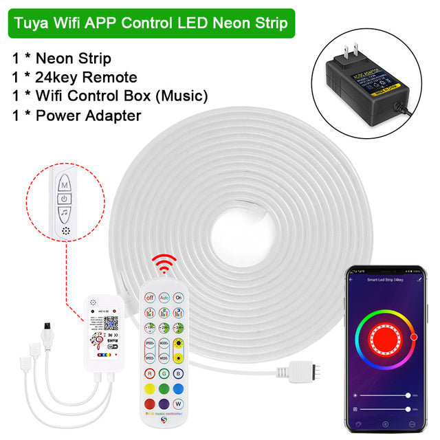 Tuya Smart 12V LED Neon Strip RGB Waterproof Silicone Light Tape Dimmable Decoration with Wifi Bluetooth APP IR Remote Control